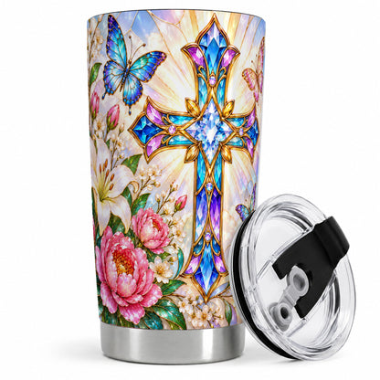 Floral Cross Tumbler, 20oz Tumbler with Butterfly Lily Artwork
