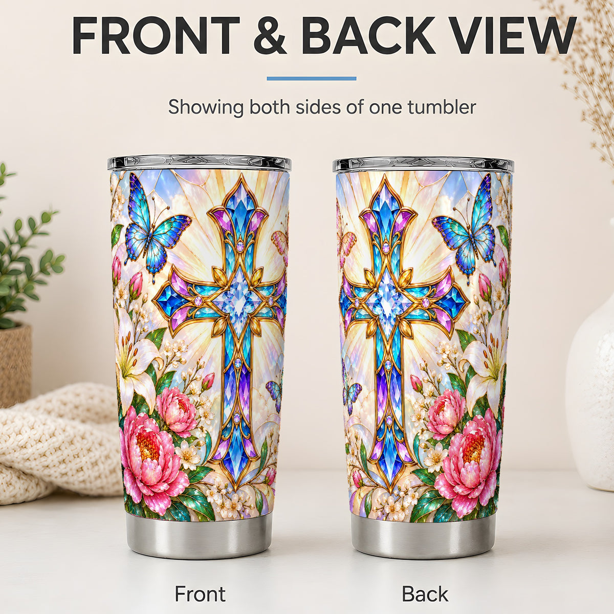 #pl[20oz|Steel] Floral Cross Tumbler, 20oz Tumbler with Butterfly Lily Artwork