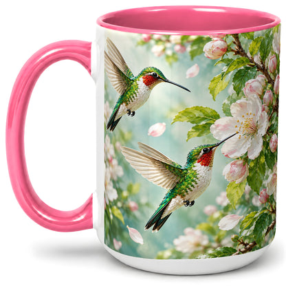 #pl[15oz|Pink] Hummingbird Spring Blossom Accent Mug, Ceramic Cup for Bird Lovers