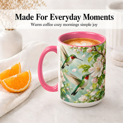 #pl[15oz|Pink] Hummingbird Spring Blossom Accent Mug, Ceramic Cup for Bird Lovers
