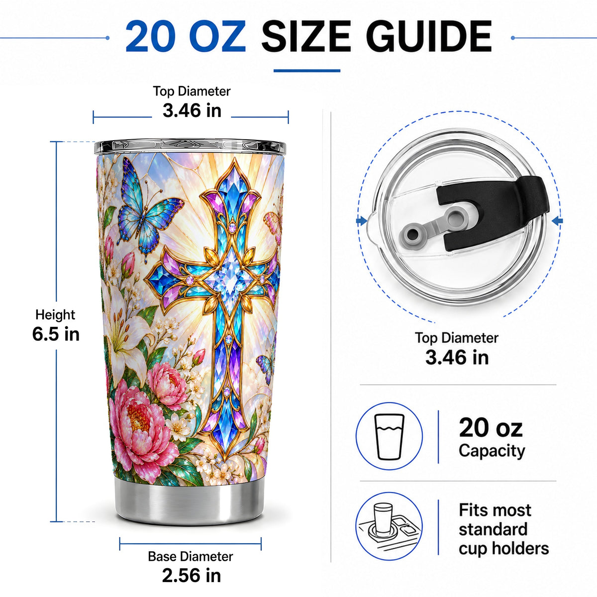 #pl[20oz|Steel] Floral Cross Tumbler, 20oz Tumbler with Butterfly Lily Artwork