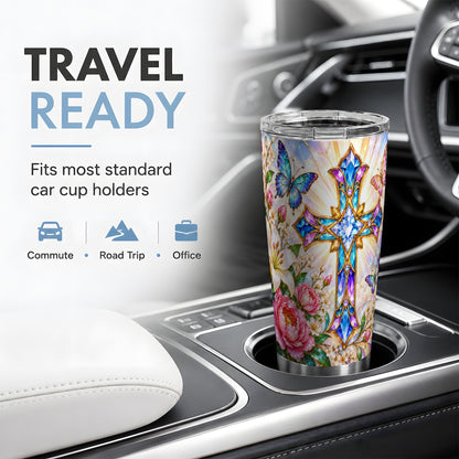 Floral Cross Tumbler, 20oz Tumbler with Butterfly Lily Artwork