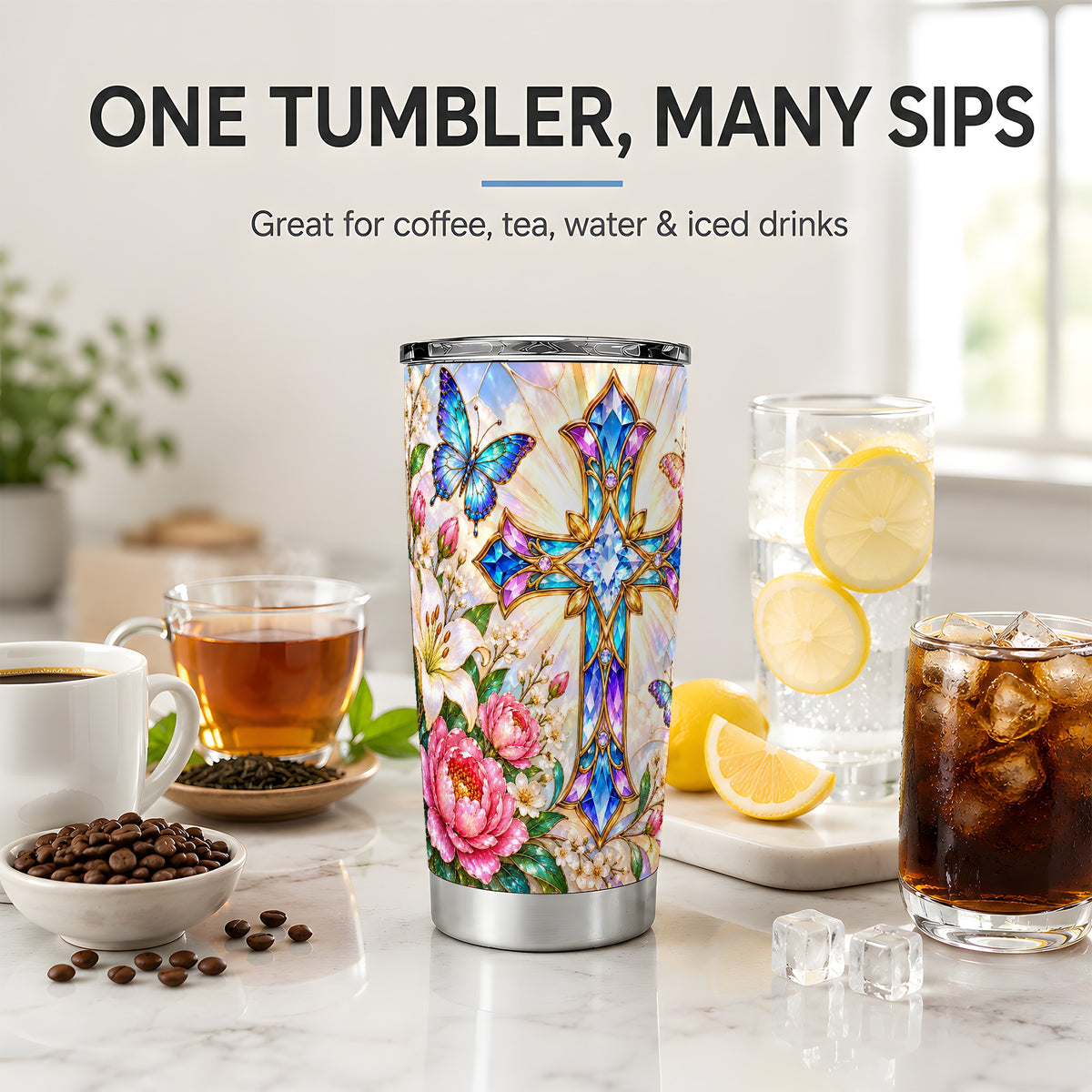Floral Cross Tumbler, 20oz Tumbler with Butterfly Lily Artwork
