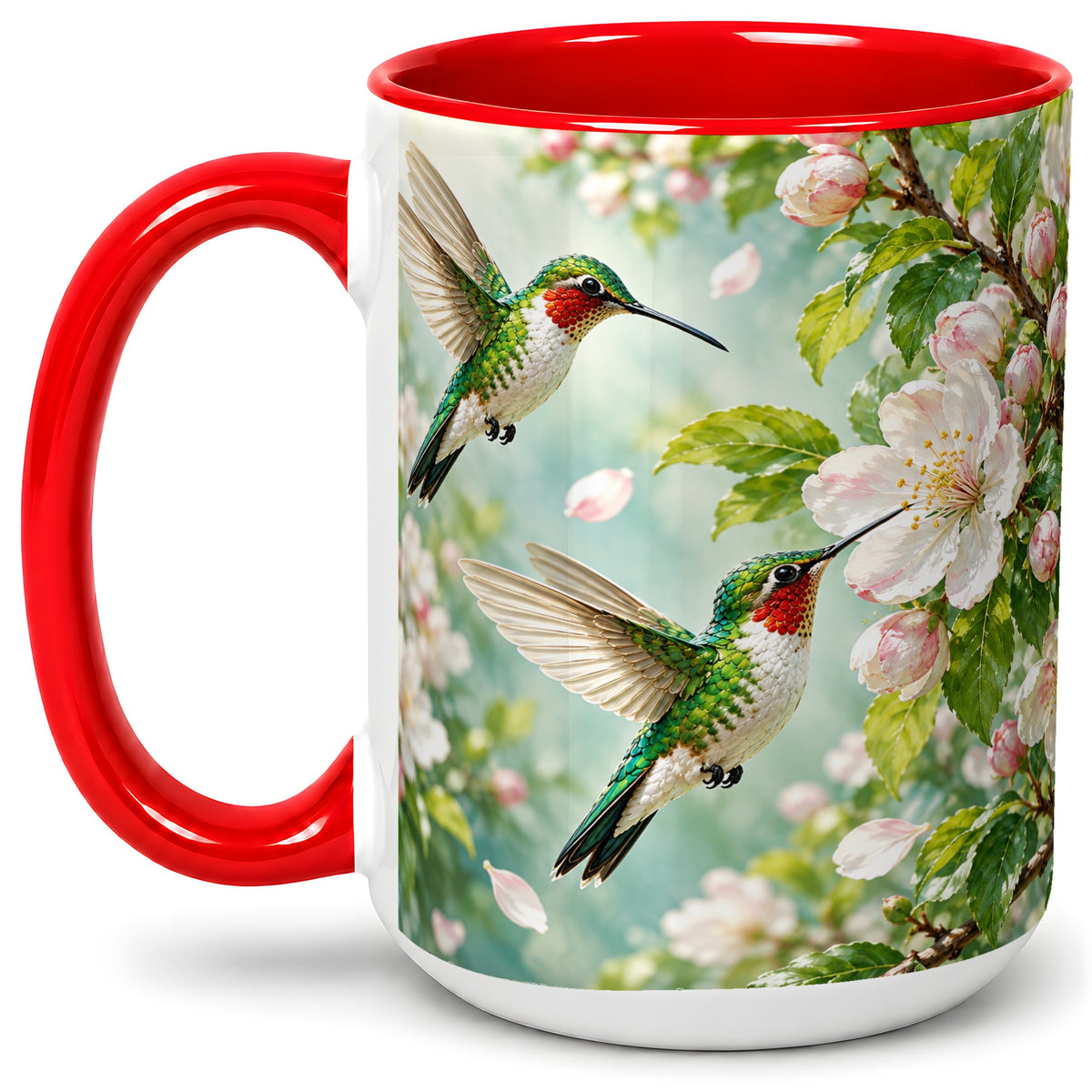 #pl[15oz|Red] Hummingbird Spring Blossom Accent Mug, Ceramic Cup for Bird Lovers
