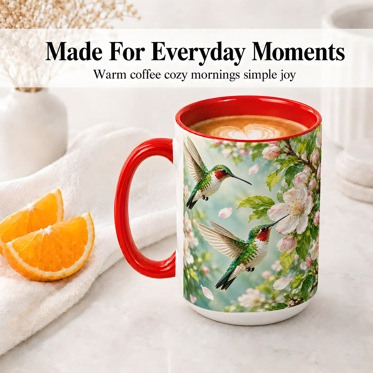 #pl[15oz|Red] Hummingbird Spring Blossom Accent Mug, Ceramic Cup for Bird Lovers