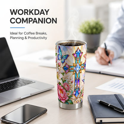 Floral Cross Tumbler, 20oz Tumbler with Butterfly Lily Artwork