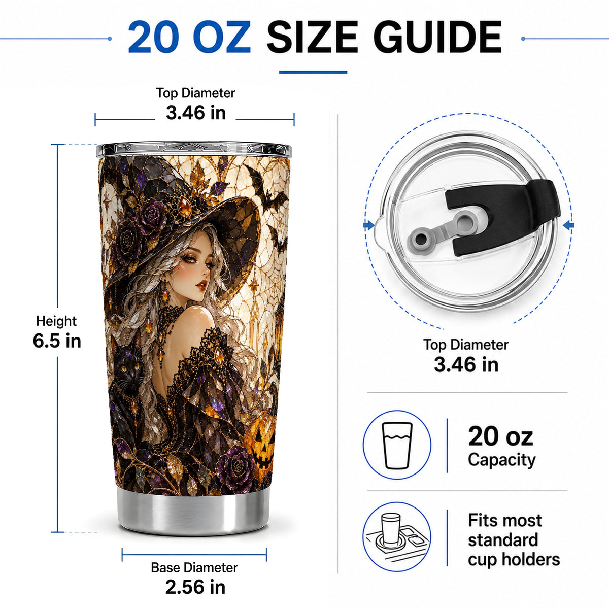 #pl[20oz|Steel] Halloween Witch Tumbler, 20oz Tumbler with Black Cat Artwork