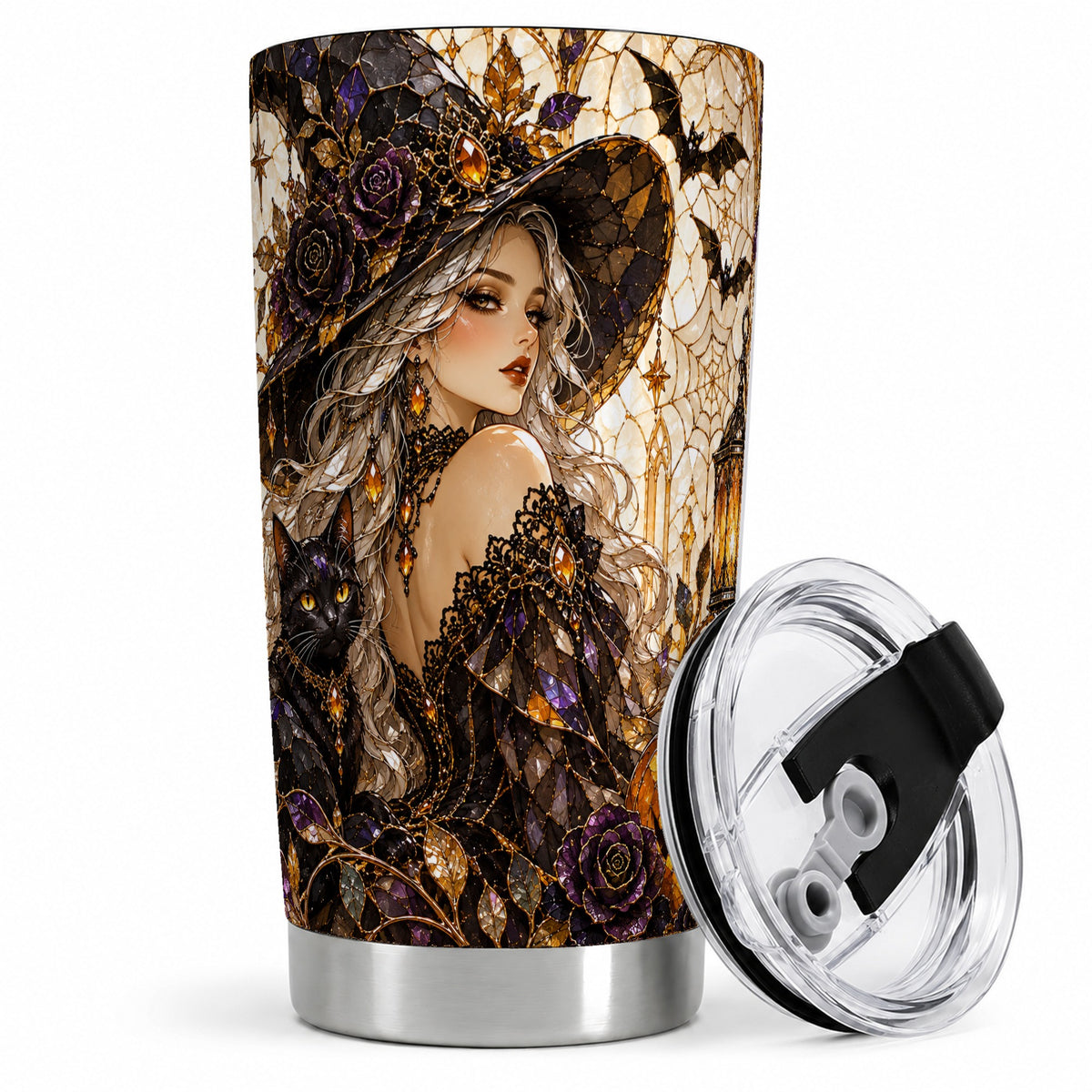 Halloween Witch Tumbler, 20oz Tumbler with Black Cat Artwork