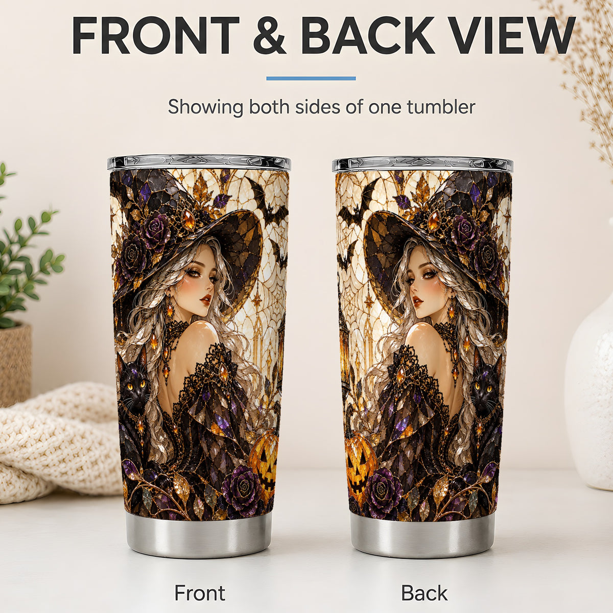 #pl[20oz|Steel] Halloween Witch Tumbler, 20oz Tumbler with Black Cat Artwork