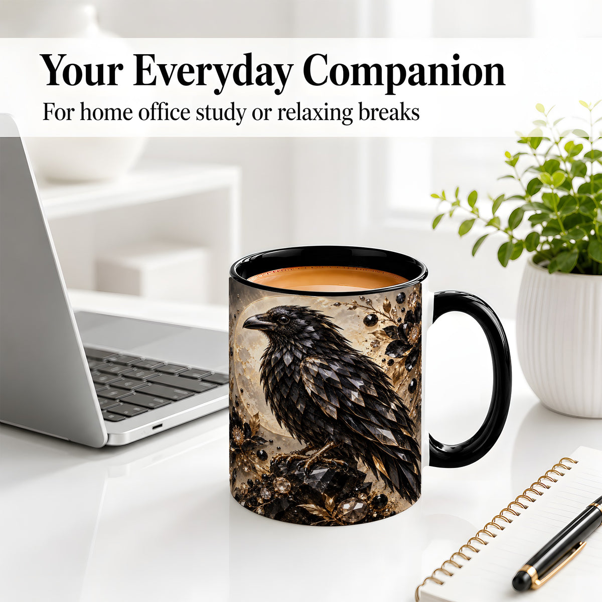 #pl[11oz|Black] Black Raven Floral Ceramic Mug, Moon and Gem-Inspired Bird Artwork