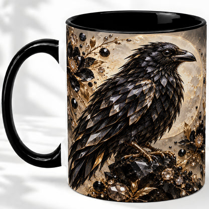 #pl[11oz|Black] Black Raven Floral Ceramic Mug, Moon and Gem-Inspired Bird Artwork