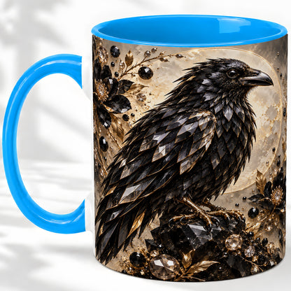 #pl[11oz|Blue] Black Raven Floral Ceramic Mug, Moon and Gem-Inspired Bird Artwork