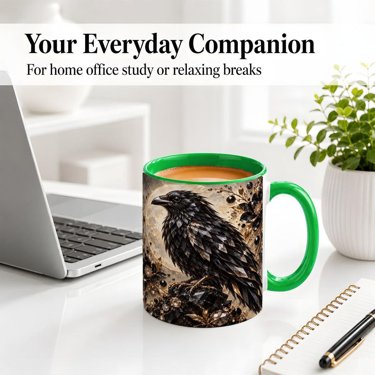 #pl[11oz|Green] Black Raven Floral Ceramic Mug, Moon and Gem-Inspired Bird Artwork