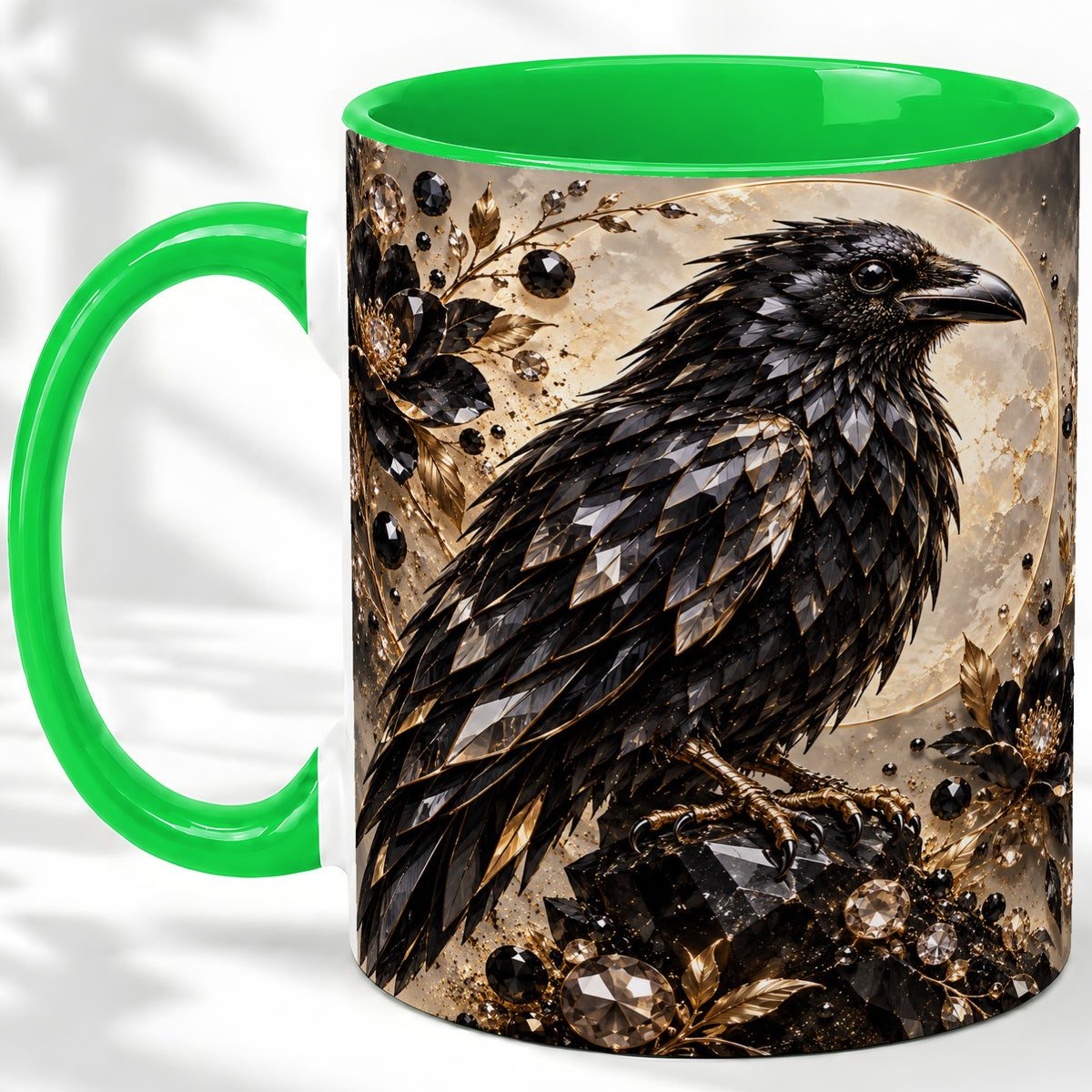 #pl[11oz|Green] Black Raven Floral Ceramic Mug, Moon and Gem-Inspired Bird Artwork