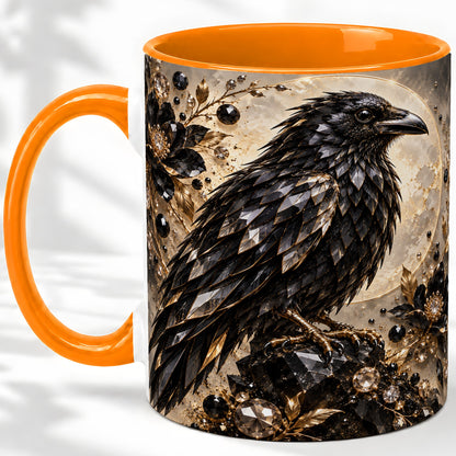 #pl[11oz|Orange] Black Raven Floral Ceramic Mug, Moon and Gem-Inspired Bird Artwork
