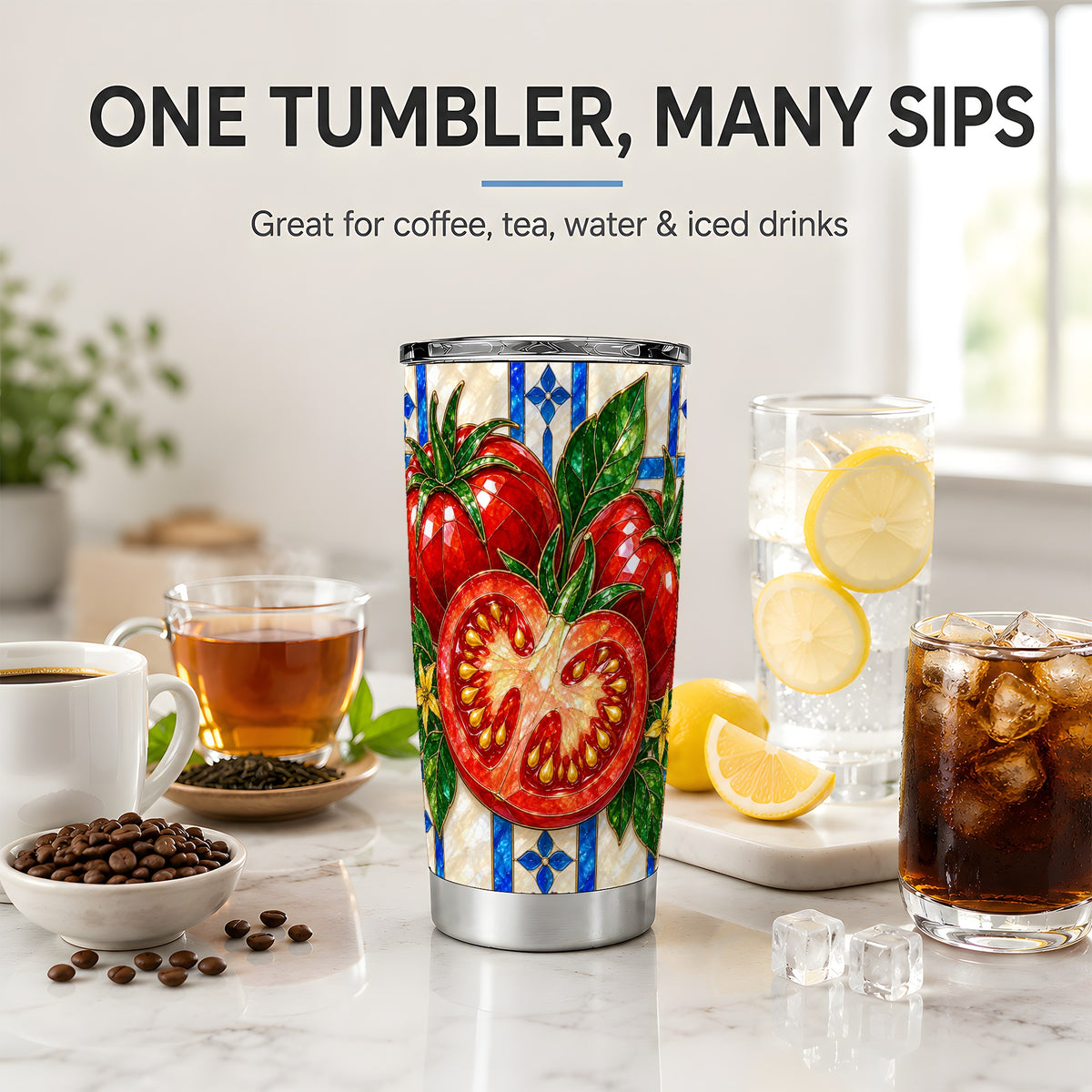 Stained Glass Tomato 20oz Tumbler, Stainless Steel Drinkware for Gardeners