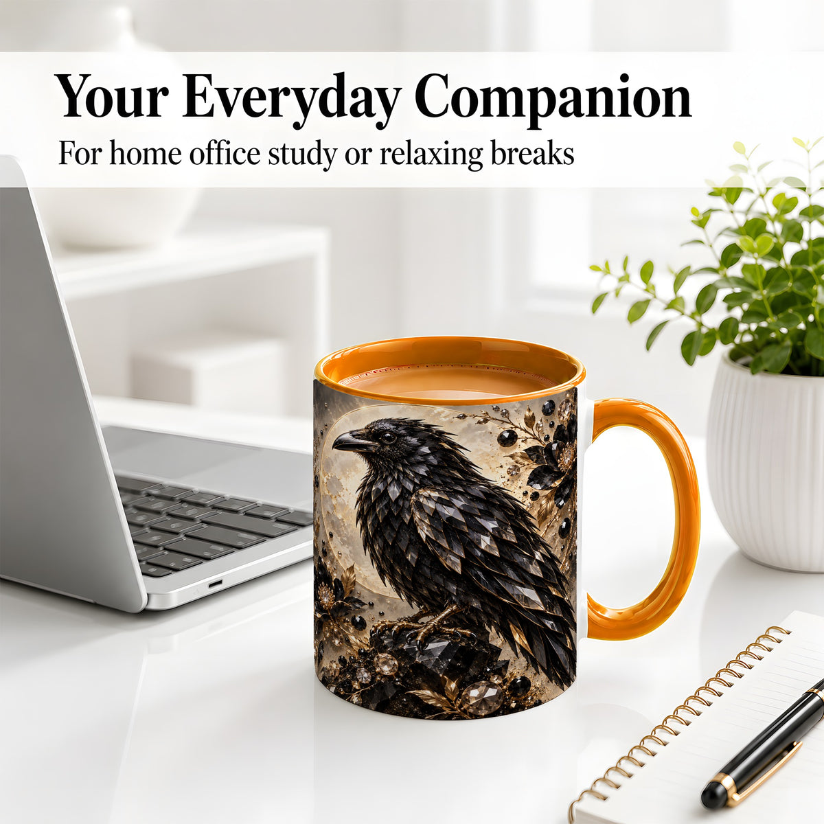 #pl[11oz|Orange] Black Raven Floral Ceramic Mug, Moon and Gem-Inspired Bird Artwork