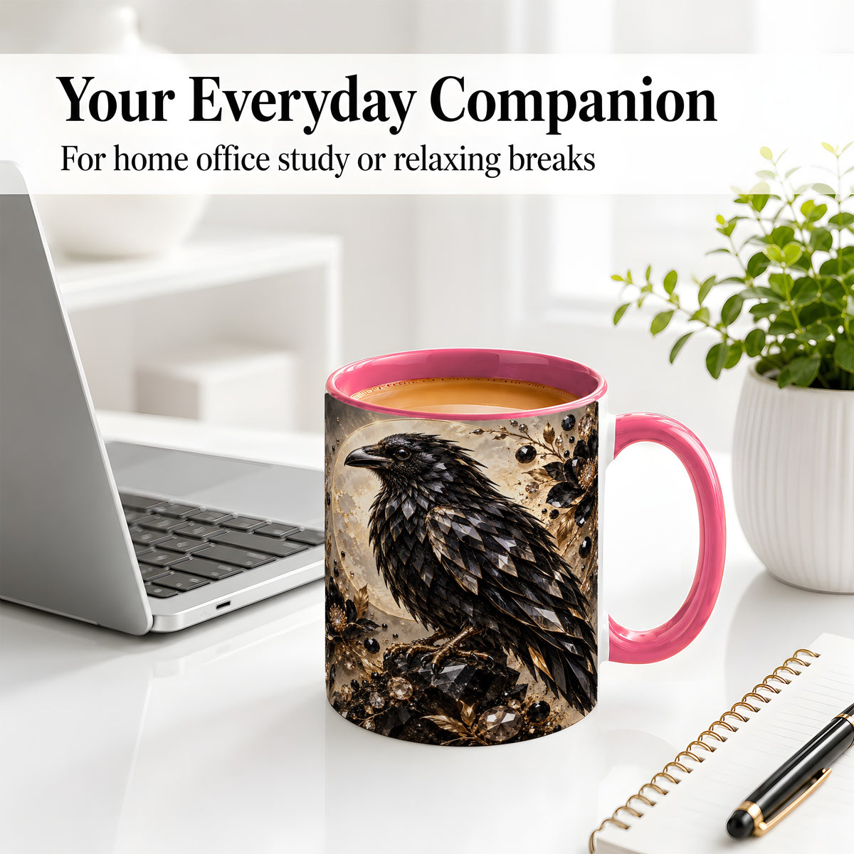 #pl[11oz|Pink] Black Raven Floral Ceramic Mug, Moon and Gem-Inspired Bird Artwork