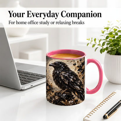 #pl[11oz|Pink] Black Raven Floral Ceramic Mug, Moon and Gem-Inspired Bird Artwork