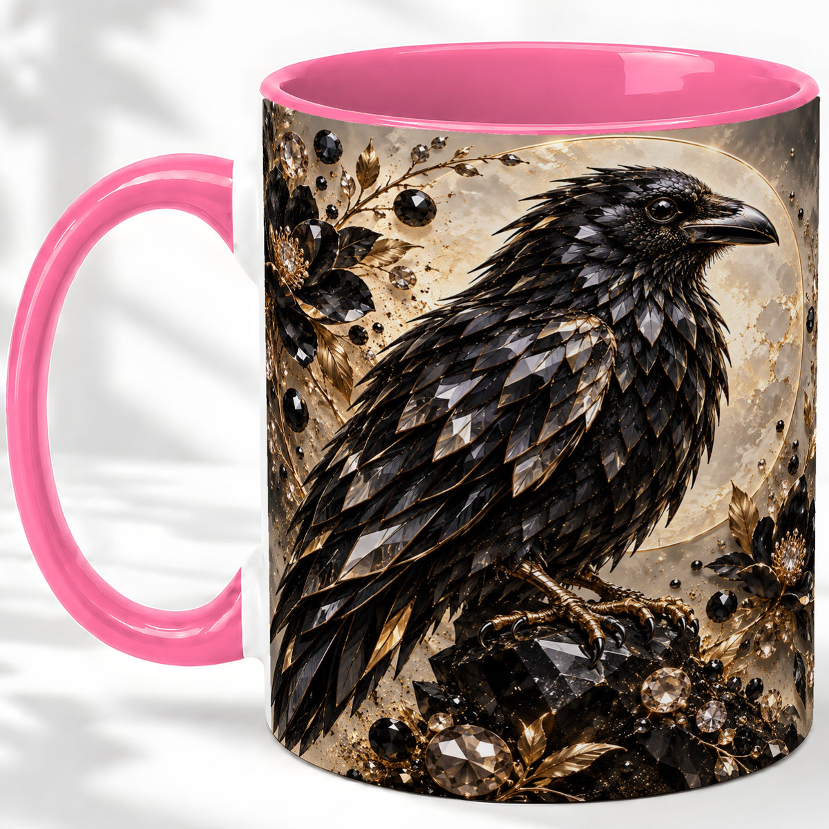 #pl[11oz|Pink] Black Raven Floral Ceramic Mug, Moon and Gem-Inspired Bird Artwork