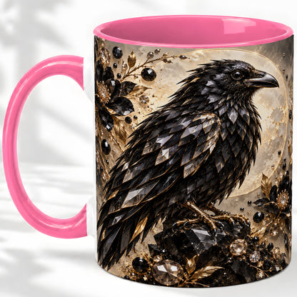 #pl[11oz|Pink] Black Raven Floral Ceramic Mug, Moon and Gem-Inspired Bird Artwork