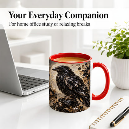 #pl[11oz|Red] Black Raven Floral Ceramic Mug, Moon and Gem-Inspired Bird Artwork