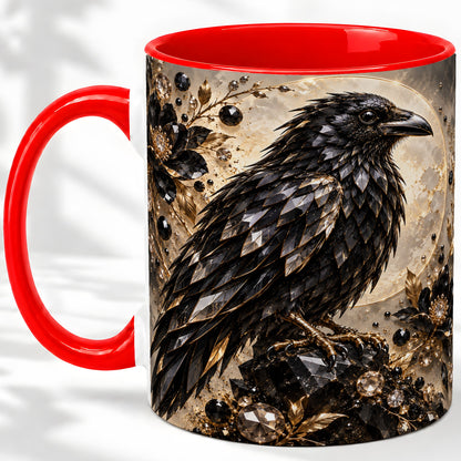 Black Raven Floral Ceramic Mug, Moon and Gem-Inspired Bird Artwork