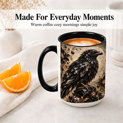 #pl[15oz|Black] Black Raven Floral Ceramic Mug, Moon and Gem-Inspired Bird Artwork