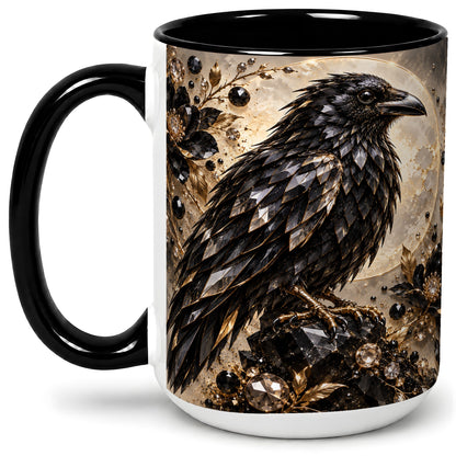 #pl[15oz|Black] Black Raven Floral Ceramic Mug, Moon and Gem-Inspired Bird Artwork