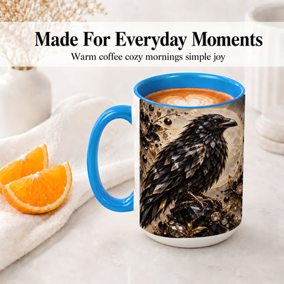 #pl[15oz|Blue] Black Raven Floral Ceramic Mug, Moon and Gem-Inspired Bird Artwork