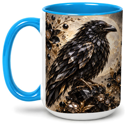 #pl[15oz|Blue] Black Raven Floral Ceramic Mug, Moon and Gem-Inspired Bird Artwork
