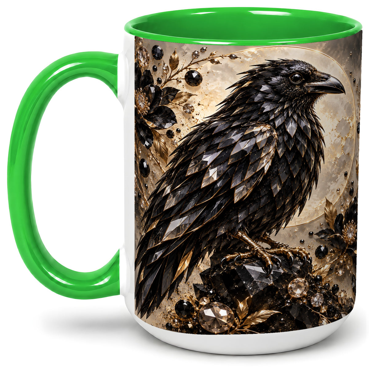 #pl[15oz|Green] Black Raven Floral Ceramic Mug, Moon and Gem-Inspired Bird Artwork