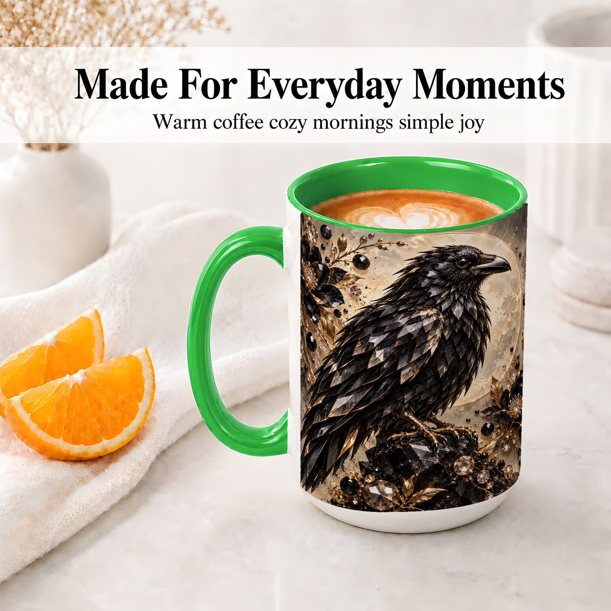 #pl[15oz|Green] Black Raven Floral Ceramic Mug, Moon and Gem-Inspired Bird Artwork