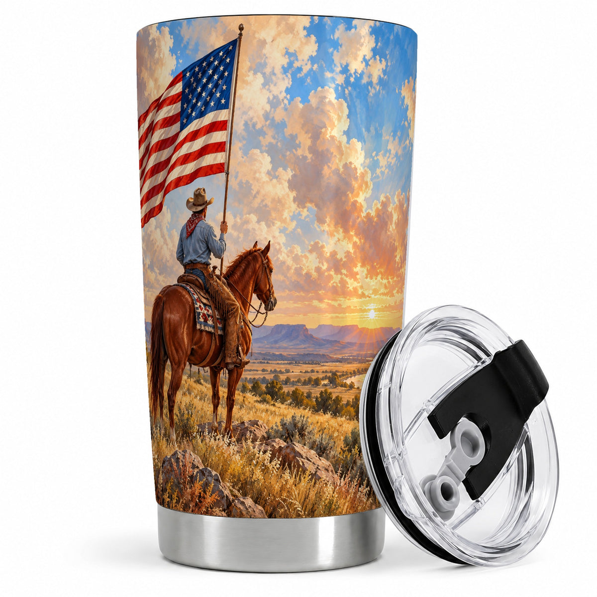 Patriotic Cowboy 20oz Tumbler, Stainless Steel Drinkware for Western Fans