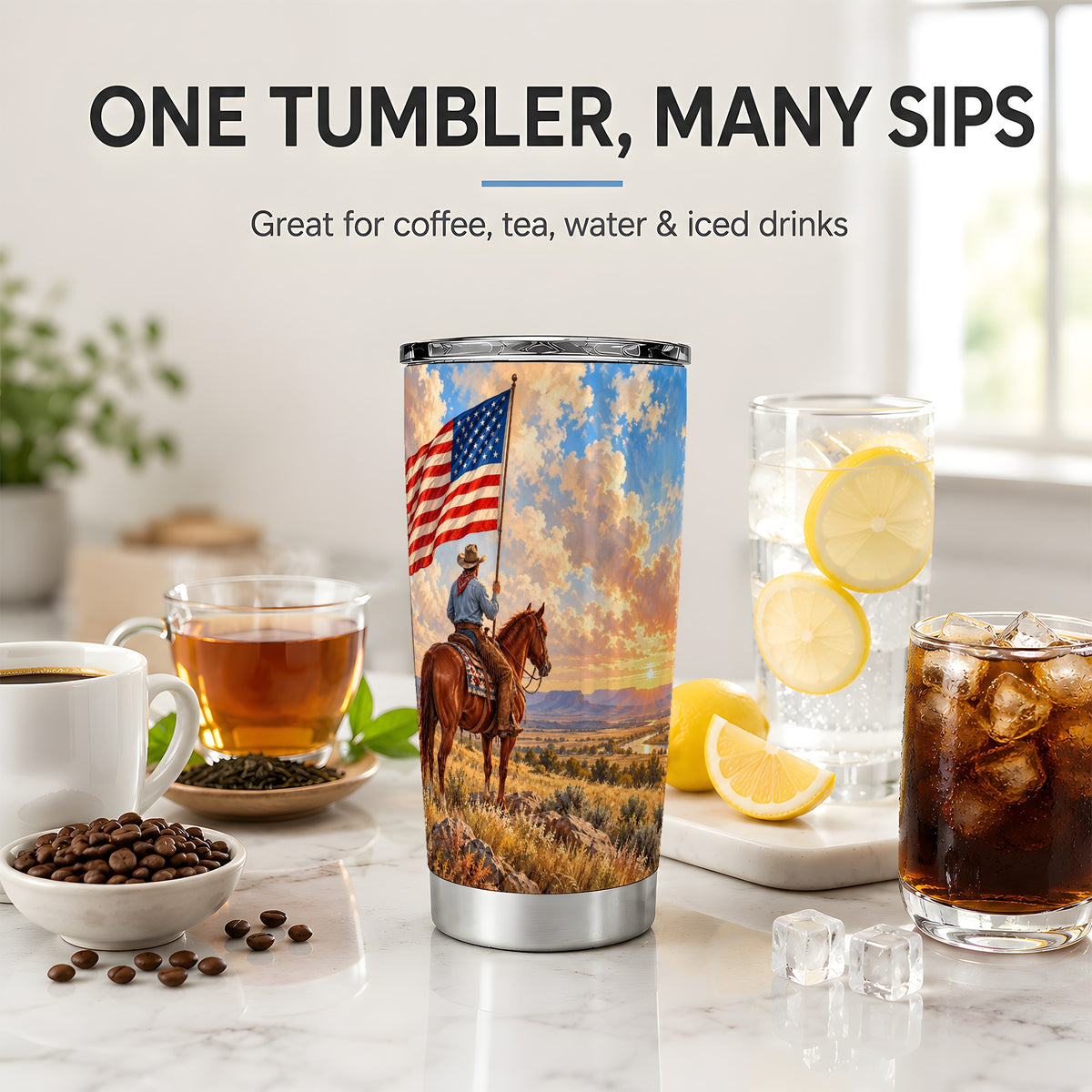 Patriotic Cowboy 20oz Tumbler, Stainless Steel Drinkware for Western Fans