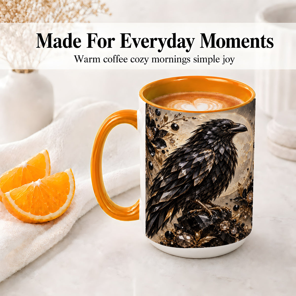 #pl[15oz|Orange] Black Raven Floral Ceramic Mug, Moon and Gem-Inspired Bird Artwork