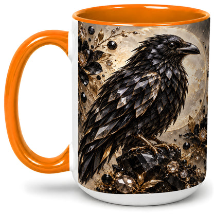 #pl[15oz|Orange] Black Raven Floral Ceramic Mug, Moon and Gem-Inspired Bird Artwork