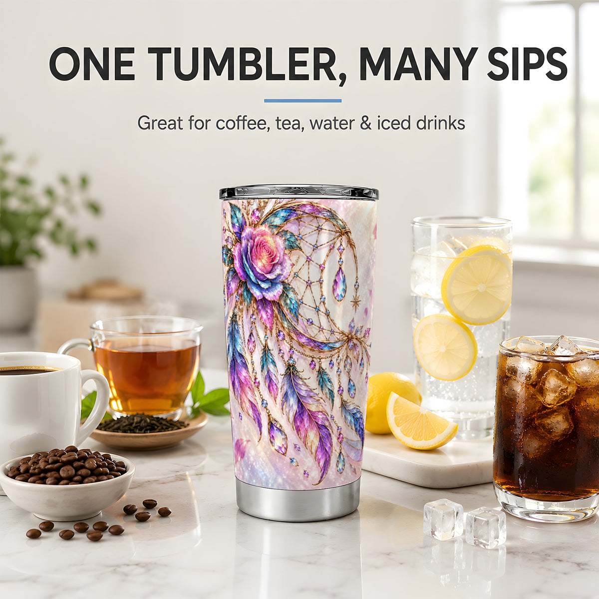 Floral Dreamcatcher 20oz Tumbler, Stainless Steel Drinkware for Boho Fans