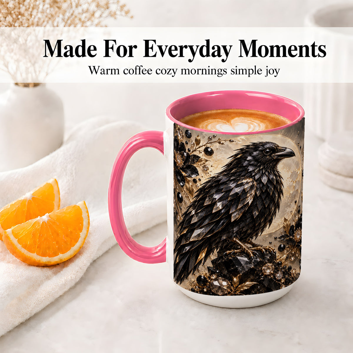 #pl[15oz|Pink] Black Raven Floral Ceramic Mug, Moon and Gem-Inspired Bird Artwork