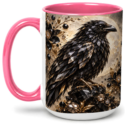 #pl[15oz|Pink] Black Raven Floral Ceramic Mug, Moon and Gem-Inspired Bird Artwork