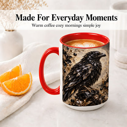 #pl[15oz|Red] Black Raven Floral Ceramic Mug, Moon and Gem-Inspired Bird Artwork