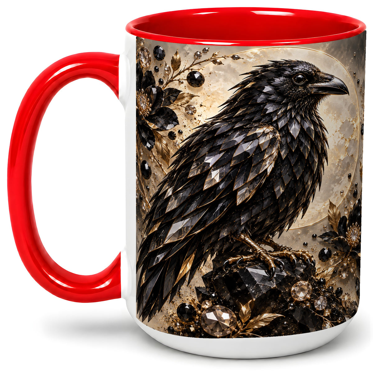 #pl[15oz|Red] Black Raven Floral Ceramic Mug, Moon and Gem-Inspired Bird Artwork