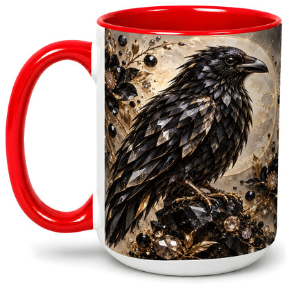 #pl[15oz|Red] Black Raven Floral Ceramic Mug, Moon and Gem-Inspired Bird Artwork