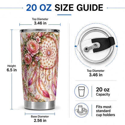 #pl[20oz|Steel] Floral Dreamcatcher 20oz Tumbler, Pink Boho Drinkware