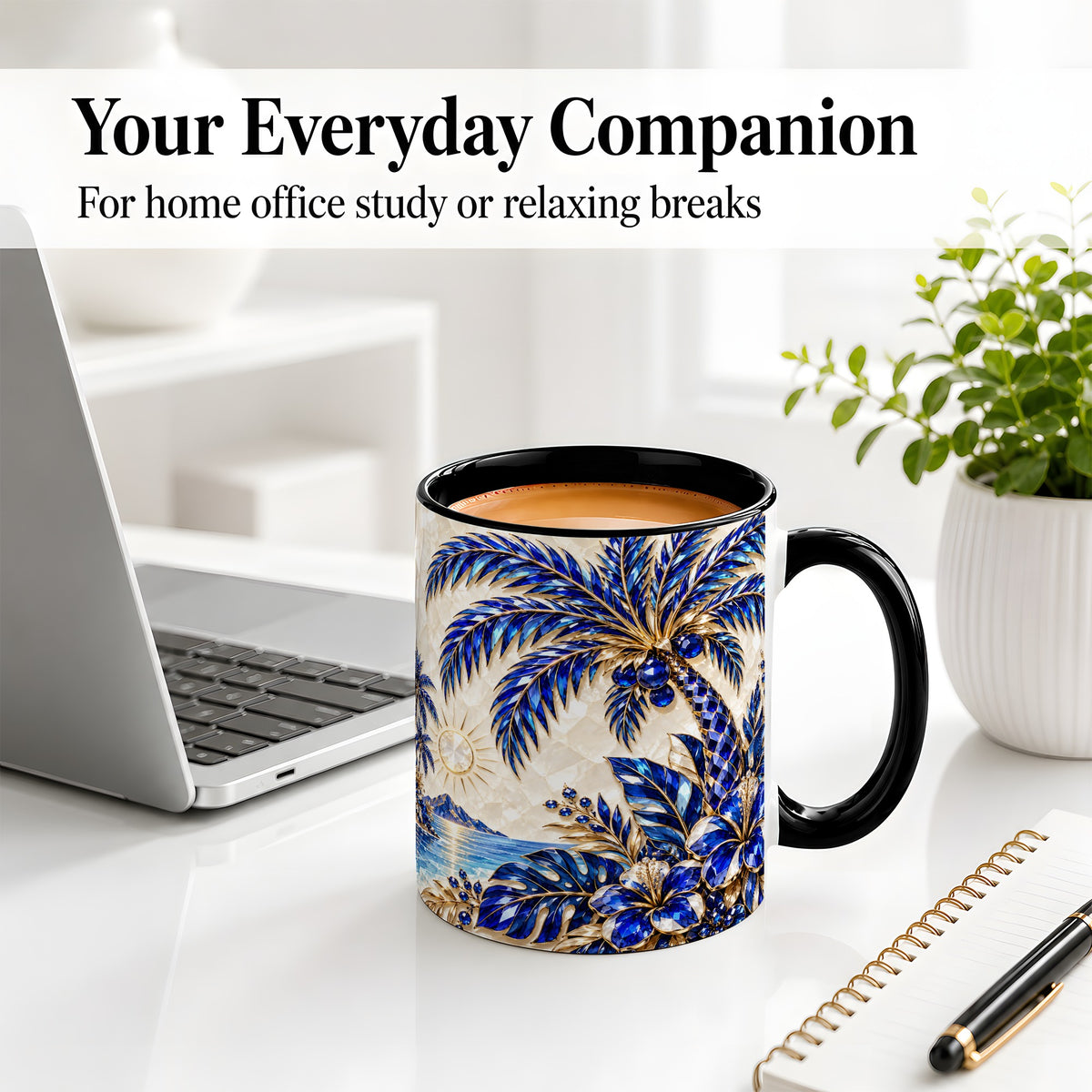#pl[11oz|Black] Blue Palm Tropical Ceramic Mug, Floral Coastal Artwork for Beach Fans