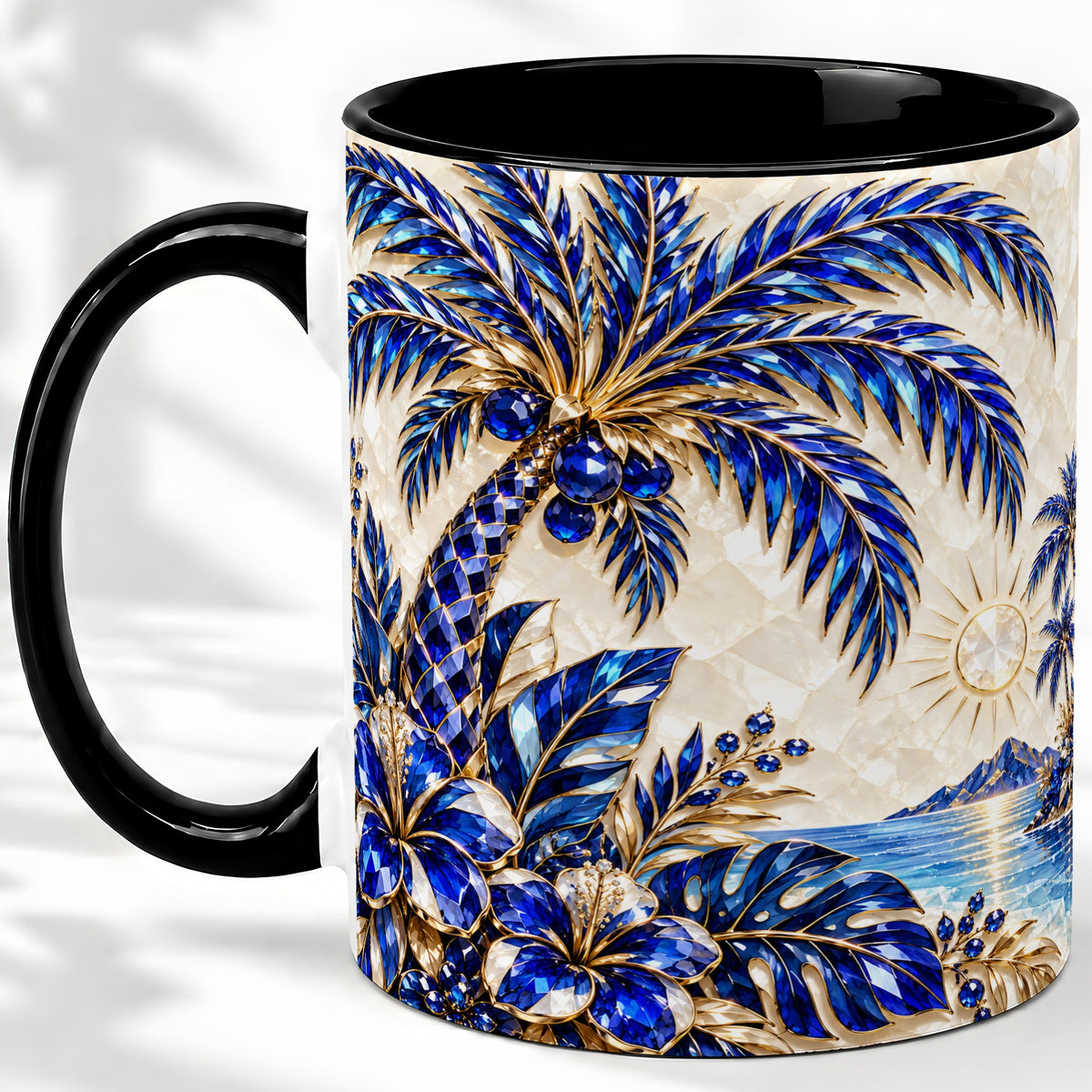 #pl[11oz|Black] Blue Palm Tropical Ceramic Mug, Floral Coastal Artwork for Beach Fans