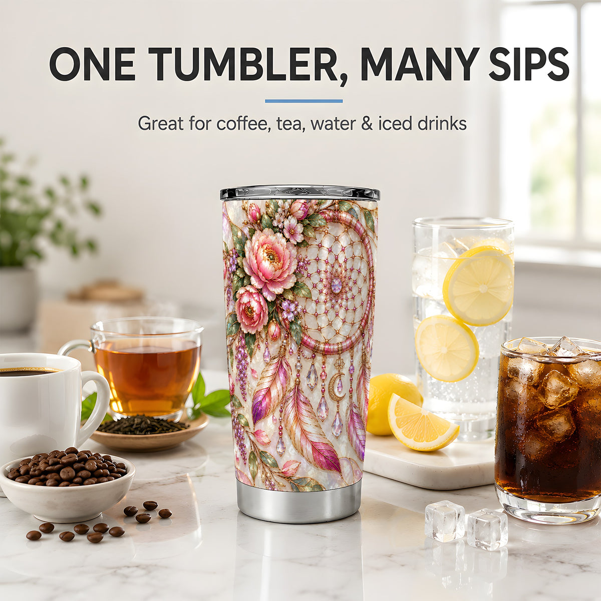 Floral Dreamcatcher 20oz Tumbler, Pink Boho Drinkware