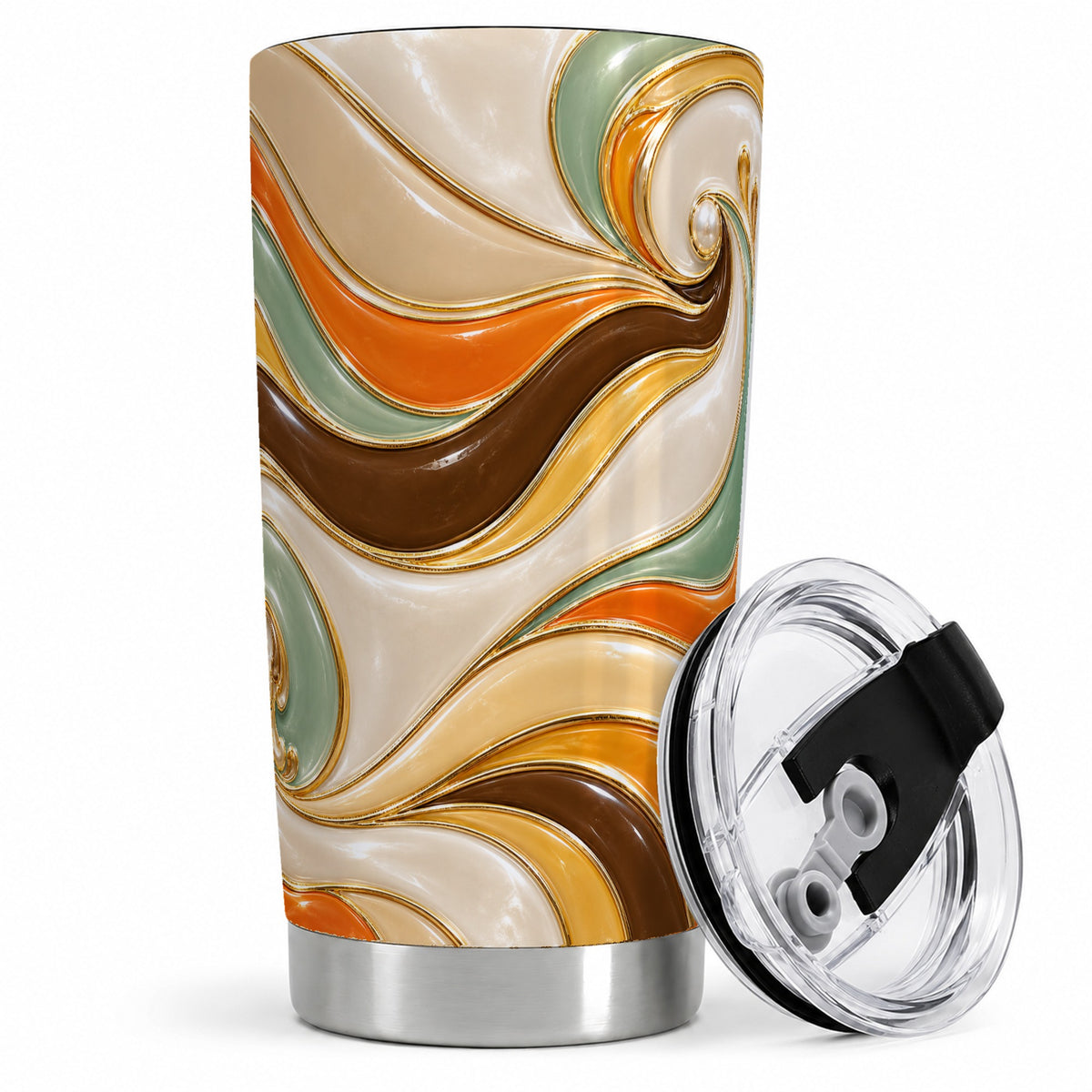 Retro Abstract Waves 20oz Tumbler, Orange Green Swirl Art