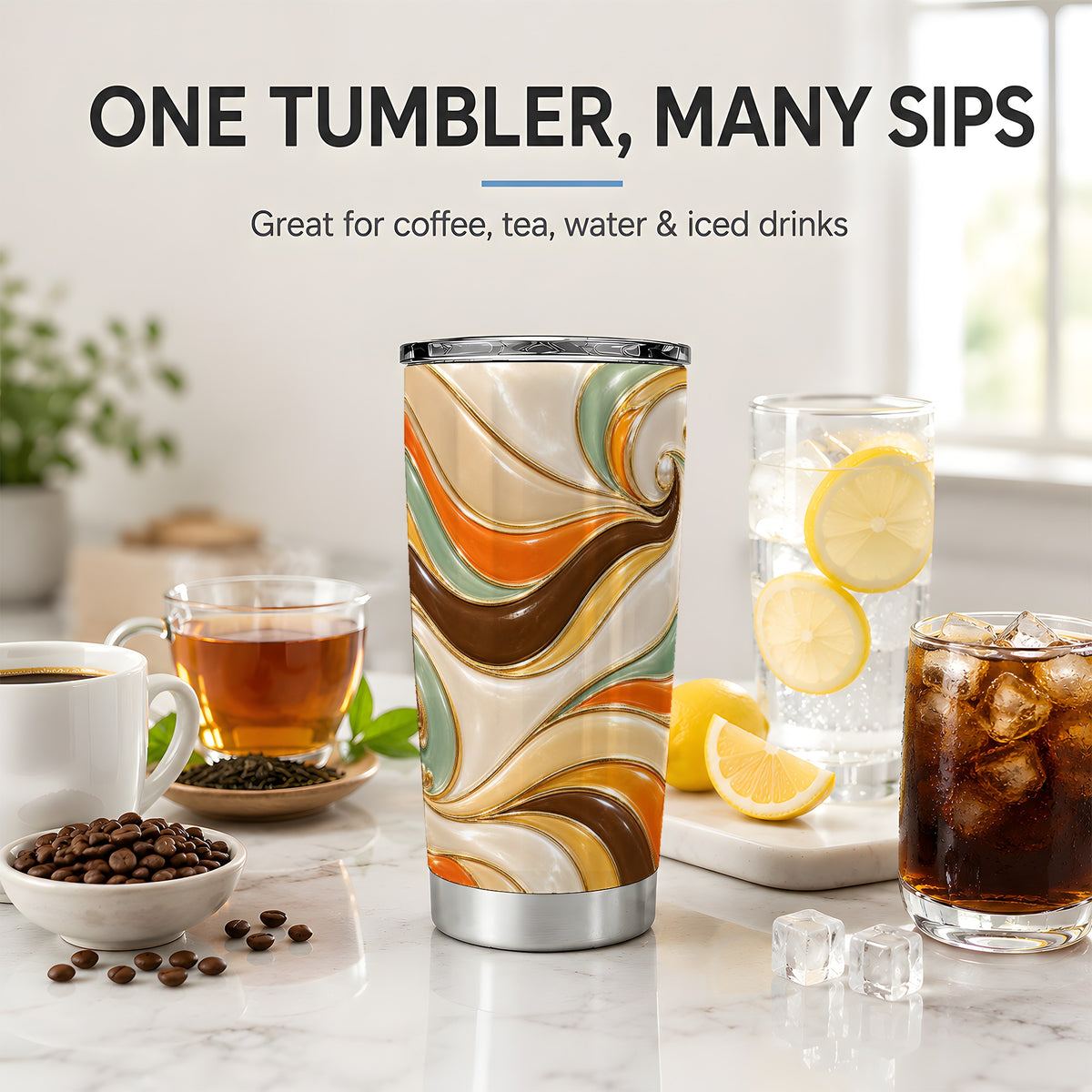Retro Abstract Waves 20oz Tumbler, Orange Green Swirl Art