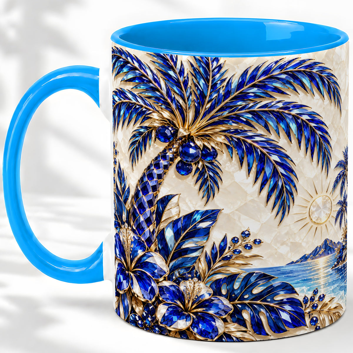 #pl[11oz|Blue] Blue Palm Tropical Ceramic Mug, Floral Coastal Artwork for Beach Fans
